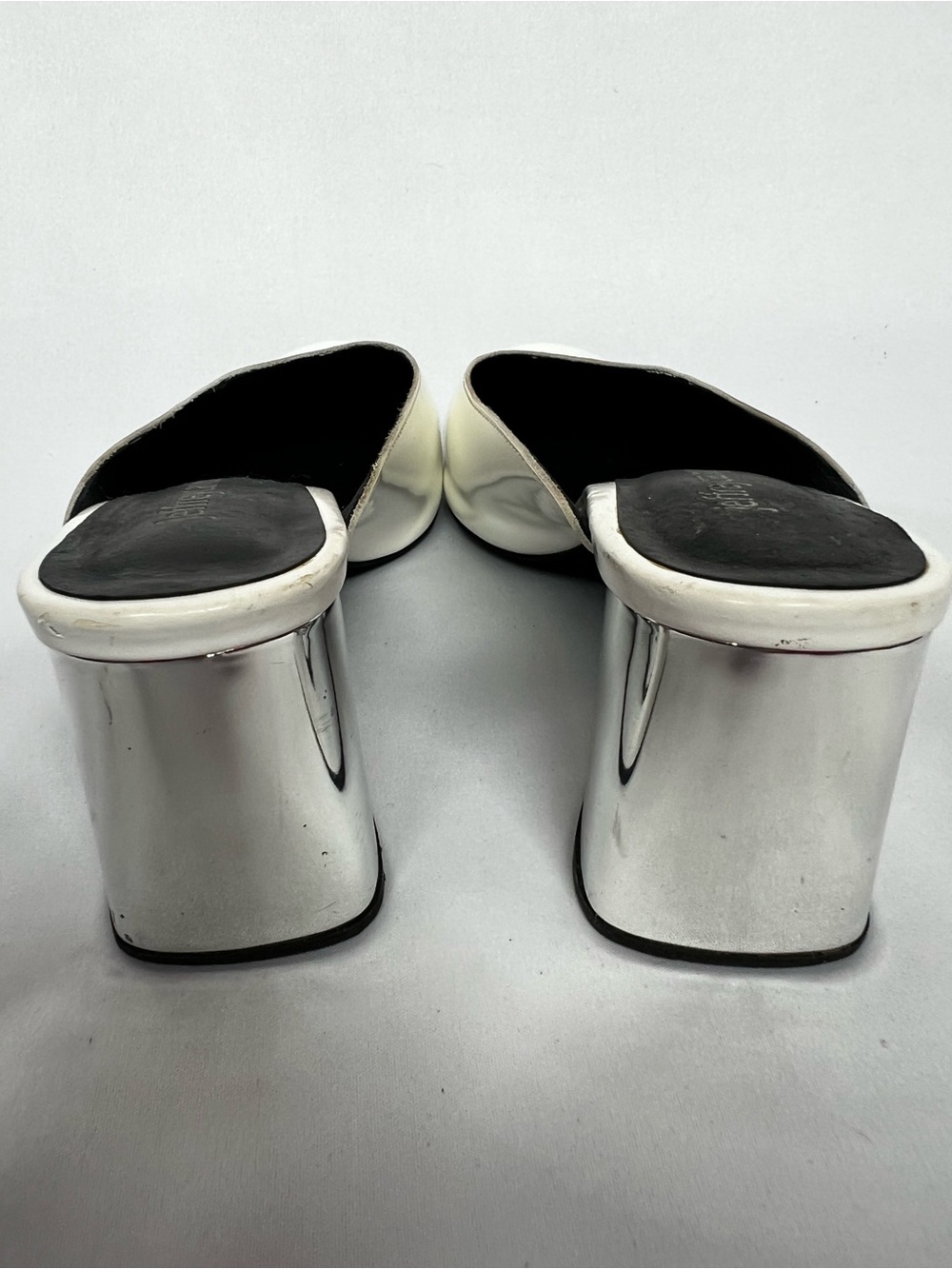 Jeffrey Campbell Sculptural Mule Heels White Chrome Square Toe Size 7.5 - Picture 5 of 9